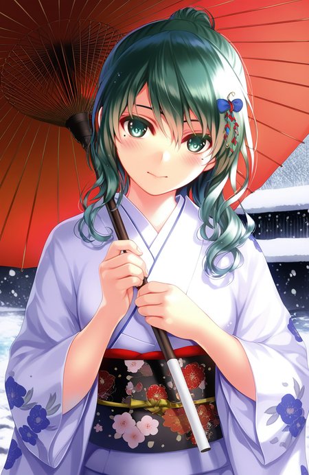 masterpiece,best quality,amazing quality,very absurdres,aesthetic,newest,impactful picture,offcial art,
artist:misaki kurehito,artist:kase daiki,
tamaki \(doa\), 1girl, solo, ponytail, curly short ponytail, sidelocks, curly sidelocks, hair between eyes, asymmetrical bangs, hair on shoulder, alternate hairstyle, 
hairclip, golden blue claw hairclip,hair flowers, mole, mole under eye, 
head_tilt,seductive_smile,looking at viewer,close-up,portrait,upper_body,realistic,holding oil-paper_umbrella, 
japanese clothes, wide sleeves, kimono, water, sash, obi, floral print, snow, snowing, white kimono, print kimono,
 <lora:doa_tamaki_noobxl_vpred10_v10:1.0>