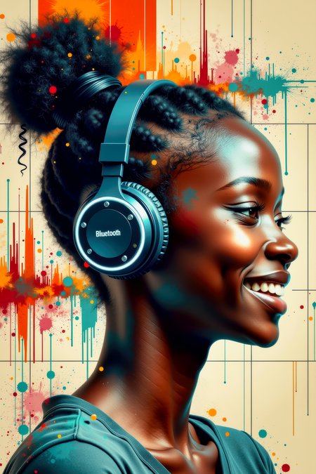 A 3/4 studio portrait photograph of an African teenage girl with ebony black skin, with cyan highlights on the skin.  She has the side of her head shaved, and the hair on the back of her head done up in a bun.  She is wearing large high-tech cordless bluetooth headphones, and is smiling as she listens to the music.  The background is an abstract combination of a technical readout diagram and broad swatches of beige, orange, red, and cyan vertical brush stokes.      <flux_realism_lora:0.42> <BaroqueColorful:0.64>
