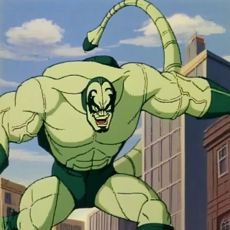 norman rockwell style, muscular, veiny biceps, open mouth, evil grin, sky, evil smile, tail, boots, building