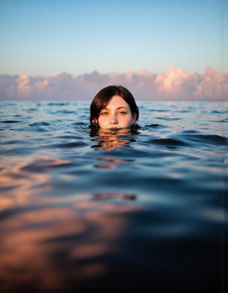 By Ibai Acevedo. A photorealistic low angle shot of a person submerged in water with only half of their head above the surface of the water. The image also shows a woman in the middle of the image, looking directly at the viewer with her brown eyes. She has short black hair and appears to be in her early twenties. The woman is partially submerged in the water up to eye level, her nose and mouth are not visible, and the part of her face that is above the surface is reflected in the water. The background is a gradient of blue and pink hues, with soft clouds in the distance. The overall mood is peaceful and contemplative, with the woman's expression and soft lighting creating a sense of depth and dimensionality.