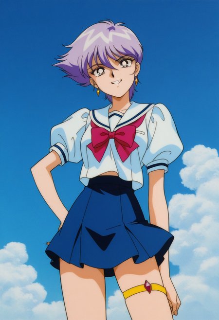 masterpiece, best quality, source_anime,official art,perfect_anatomy,1990s_\(style\),retro_artstyle,seira hazuki,1girl,purple hair,short hair,earrings,school uniform,puffy short sleeves,(beautiful detailed face,looking_at_viewer,grin),cowboy shot,(Pull_up_miniskirt_byself,jewel,bare_thighs,thigh strap:1.1),close to viewer,day,blue_sky,cloud,