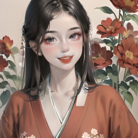 <lora:mewxai_loris_v1:1>, 1girl, solo, flower, long hair, black hair, japanese clothes, looking at viewer, kimono, camellia, upper body, parted lips, red flower, smile, floral print, lips, red lips, parted bangs, collarbone