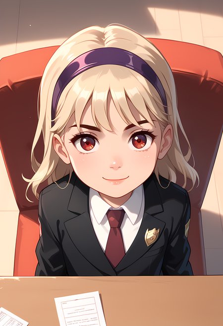 score_7, score_7_up, score_9, score_9_up, BREAK, DC_Justice 1girl, blond hair, red eyes, purple hairband, white shirt, black coat, red tie,insignia, insignia on coat, svil smile,  <lora:Sitting_Across_From_No_Caption_v3:0.4> table,sitting,from above,, (portrai shot, upper body),child