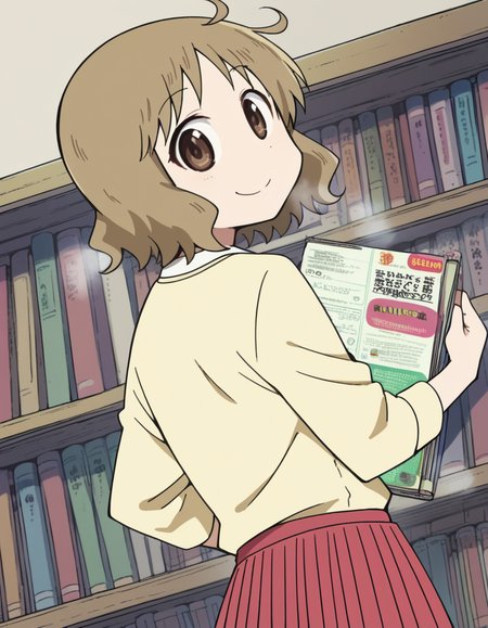 score_9, score_8_up, score_7_up, source_anime, <lora:izumi-sakurai-s1-ponyxl-lora-nochekaiser:1>, izumi sakurai, short hair, brown hair, brown eyes, ahoge,, skirt, yellow shirt, pleated skirt, red skirt,, bookstore, browsing shelves, new book smell, finding a favorite, quiet atmosphere, smile, <lora:shaft-look-ponyxl-lora-nochekaiser:1>, shaft look, looking back, from behind, head tilt,, looking at viewer, solo,, dutch angle, cowboy shot