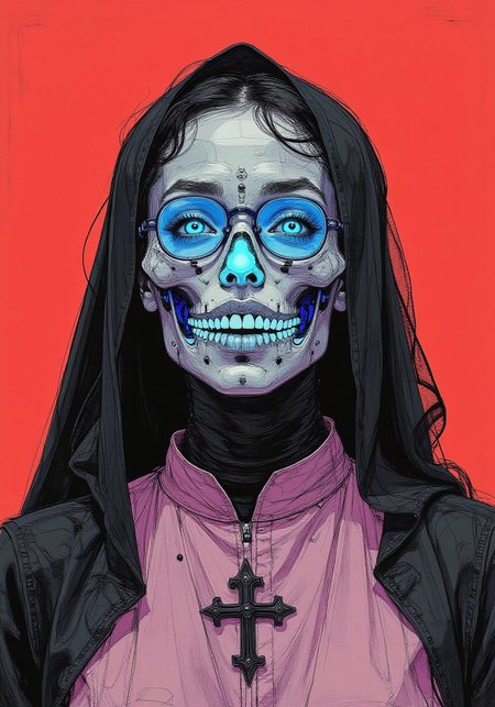 A highly stylized, high-resolution photograph featuring a person dressed as a nun with a futuristic gothic twist. Their face is concealed by an intricate skull mask made entirely of minute water jelly, glowing with vibrant hues of electric blue, neon green, and deep violet, shifting fluidly like a living organism. The translucent nature of the mask refracts light, creating an ethereal effect, while the hollow eye sockets and grinning mouth appear to ripple with movement. The subject’s striking blue eyes pierce through the glowing jelly, intensifying the surreal contrast. Their hair is hidden beneath a traditional black habit, seamlessly extending from the head covering to the neckline. The nun’s habit is an unexpected pale pink, featuring a high collar and a cross emblem at the chest, blending religious iconography with an avant-garde aesthetic. The background is a deep crimson red, amplifying the glowing hues of the mask and enhancing the dramatic atmosphere. Every detail, from the fluid luminescence of the skull mask to the soft yet structured fabric of the habit, is rendered with a hyper-realistic texture. The fusion of classic religious attire with cyber-gothic, surreal, and horror-inspired elements results in a visually striking, thought-provoking composition, turning the subject into a mesmerizing piece of living visual art. vantablack, colored sketch in the style of ck-ccd,