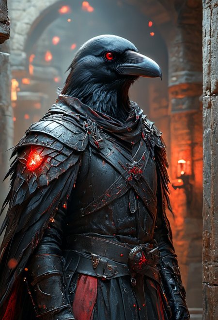 a cinematic photograph of a fantasy Crow, red glowing eyes, wearing black shiny armor with red details on, holding a red glowing sword in an attacking pose, dungeon in background, photorealistic, photography lighting, extremely detailed, shot on Sony A7R V with Leica lens, HKStyle, corvidfolk