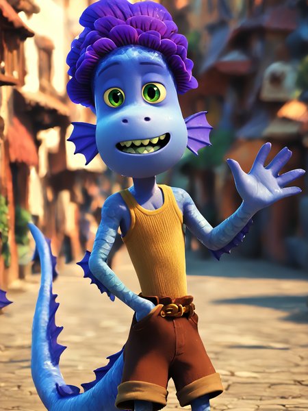 score_9, score_8_up, score_7_up,  score_6_up, BREAK, monstralberto, 1boy, solo, shorts, belt, tank top, brown shorts, tail, hand on pocket, looking at viewer, raise hand, waving   <lora:MonsterAlberto:1>