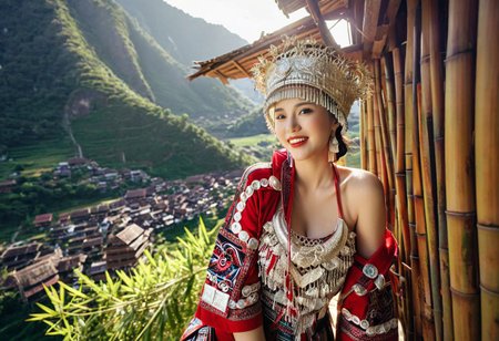 (21yo chinese cougar is living at home in her (red black sexy hmong cloth in a bamboo hut in thailand:1.2) , breathtaking view from a high vantage point overlooking a Hmong village nestled in a beautiful natural valley , (35mm, F/2.8) (insanely detailed and intricate, character, hypermaximalist, elegant, beautiful, revealing, appealing, attractive, amative , hyper realistic, super detailed, halo,  reflections) smiling, (curvy body:1.2), toned body,  pale skin , (lens Flare:1.3) , (god rays:1.2) , smiling at viewer (eye liner and lipstick) , body like gravure japan ,  (random camera angle , portrait : 1.4) , full and healthy figure , The clothing should enhance her silhouette , subtle hint of bare shoulder , halo ,