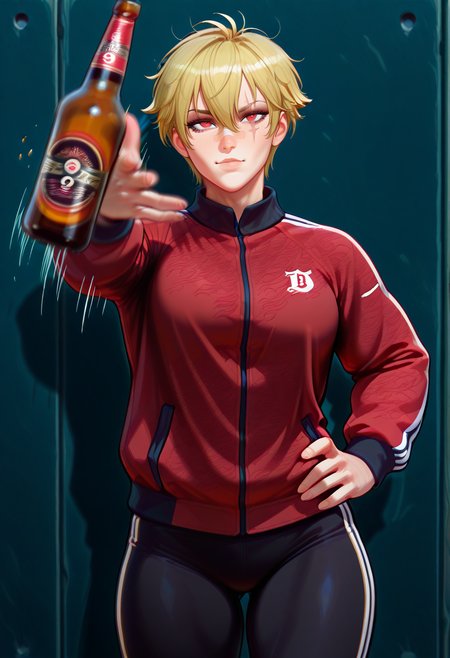 masterpiece, high quality, ss-3mthr0w-illu, (throwing bottle:1.2), midair, motion blur, arm forward, b4lt1k49, 1girl, solo, blonde hair, short hair, hair between eyes, red eyes, long chin, wide jaw, scar across eye, bandaid on nose, muscular, cowboy shot, black leggings, red jacket, looking at viewer, wall, one hand on hip, alcohol,
