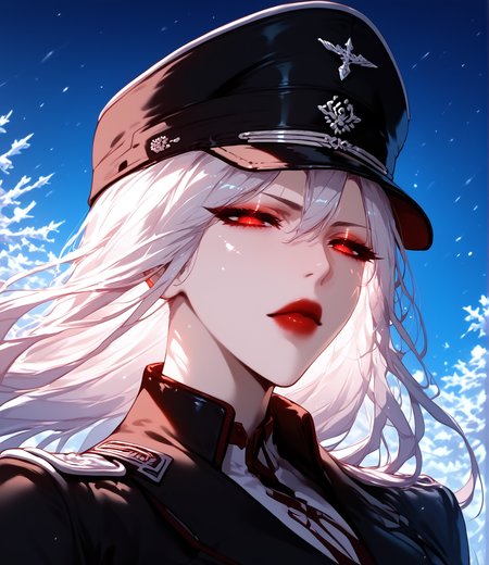 rating_all, score_10, score_9_up, score_8_up, score_7_up, source_anime, sharp focus, character focus, absurdres, official art, depth of field, 4k, 8k, 16k, detailed anatomy, correct anatomy,
1girl, gestella, white hair, long hair, very long hair, red eyes, long eyelashes, eyeshadow, red lipstick, pale skin, bmu, black military uniform, capulets, military hat, peacked cap, black cap, formal, winter theme, rising particles, ice particles, epic, floating hair, portrait, half-closed eyes, arrogant, closed mouth, ice particles, glowing particles, winter,
Expressiveh, detailed, shiny skin, soft shaded,