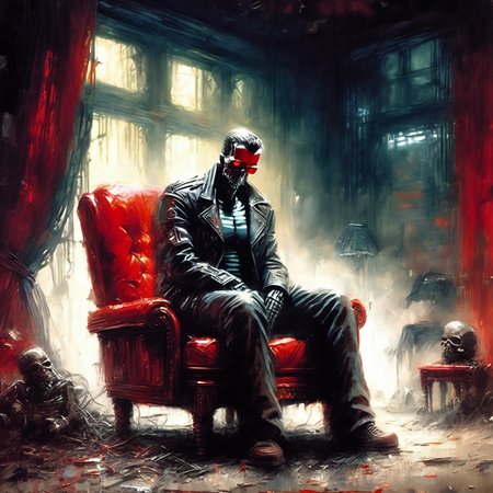 artmix05 am05 sad terminator on a big red chair in a dark room, very detailed  <lora:artmix05:1.4>