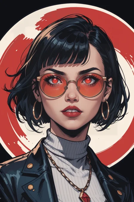 1girl, jewelry, solo, earrings, black hair, red eyes, looking at viewer, necklace, short hair, tinted eyewear, parted lips, glowing, red lips, sunglasses, jacket, bob cut, turtleneck, black jacket, hoop earrings, red-tinted eyewear, makeup, black background, upper body, shirt, glowing eyes, lips, portrait, round eyewear, white shirt, glasses, pendant, simple background, eyelashes, lipstick, teeth, sweater, blunt bangs, grey shirt, <lora:Expressive_H:0.5>, score_9, score_8_up, score_8_up, a_Comic_Illustration, rough lines with ink, (drawn:1.1), (sketch:1.5), (crosshatching:1.25), (comic style:1.1), graphic novel style, sharp lines, hires, zstyle, (western comics \(style\):1.1), (hatching \(texture\):1.2), zPDXL, Mr_Monster_Possitive, beautiful detailed eyes, extreme details eyes,  perfect anatomy,, 1girl, thighs, cowboy shot