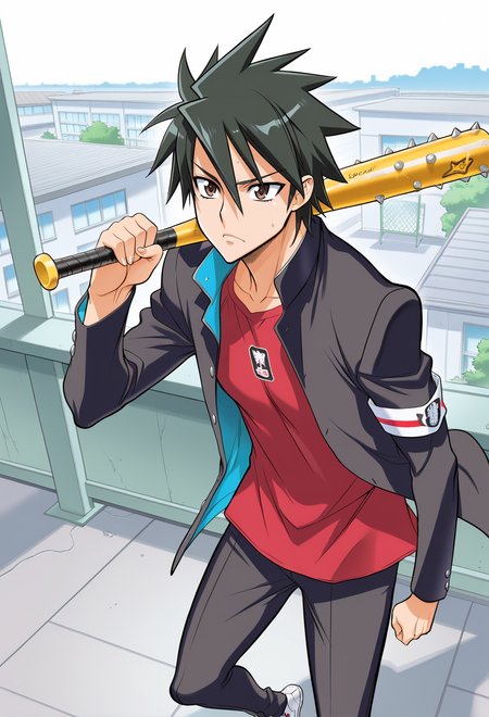 masterpiece, best quality, high quality, anime, solo, (satou shouji:1.3), school, rooftop, 
 <lora:AEKazuki_1:0.8>
AEKazukiDef, armband, black hair, black jacket, black pants, brown eyes, hair between eyes, long sleeves, open jacket, red shirt, sneakers, spiked hair, white footwear,
holding baseball bat, yellow baseball bat, weapon over shoulder,