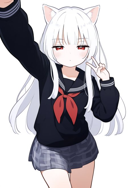 1girl, animal ears, arm up, black dress, black shirt, cat ears, closed mouth, dress, head tilt, long hair, long sleeves, looking at viewer, plaid clothes, plaid skirt, red eyes, sailor collar, serafuku, shirt, skirt, solo, v, white background, white hair, dynamic pose, disdain, half-closed eyes, white ears,
, masterpiece, best quality, good quality,
<lora:sakurakono_noob-vpred1.0_v2_edm2_p2:1>