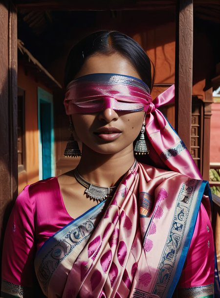 cinematic photograph of a plump desimocha woman wearing saree,Pink  satin_scarf_blindfold with ethnic print, dark, cinematic, film, filmic,casting shadow, different shadow, window casting shadow light, cinematography, detailed, detailed background of stilt house , detailed face, high quality, 8k, <lora:satin_scarf_blindfold:1> <lora:Desi_Coffee_V30_SDXL_LoRA:0.5>