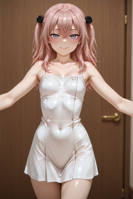 masterpiece, best quality, amazing quality, 1girl, solo, makeup, general, looking at viewer, blush, cowboy shot, smile, boutique, indoors, fancy, blush, lovely, spread arms, looking at viewer, <lora:sajuna-inui-s1-illustriousxl-lora-nochekaiser:1>, sajuna inui, inui sajuna, long hair, bangs, hair ornament, hair between eyes, pink hair, pink eyes, two side up, crossed bangs, black flower, black rose, mature female, small breasts, <lora:Silkform_Illusion_Negligee:1>, Silkform_Illusion_Negligee, dress, white dress, short dress, tight dress, bare shoulders, bare arms, sleeveless, covered navel, shiny clothes, spaghetti strap, <lora:wai-2Rectified-V140:1>, <lora:illustrious_noobai_epsilon_pred_1_masterpieces_v1:1>