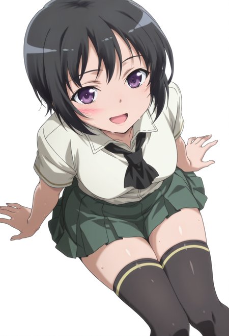 anime screencap, anime coloring, , <lora:DX888Yozora:1> mikazuki yozora, purple eyes, black hair, short hair,, green skirt, white shirt, school uniform, ascot, pleated skirt, black thighhighs, zettai ryouiki,  BREAK  white background, mosaic background,( simple background:1.2), BREAK 
 1girl, arm support, blush, breasts, feet, from above, looking at viewer, looking up, open mouth, sitting, smile, soles, solo, sweat,