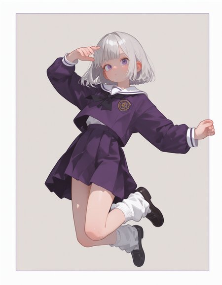 masterpiece, best quality, 32k, high resolution, absurdres, HD32k, masterpiece, high detail, extremely detailed, detailed linework, dynamic composition, (realistic), flat color,
1girl, solo,
bobcut hair ,
silver  hair,
purple  eyes, bangs ,
,
victorian style purple  japanese school uniform, pastel grey  vertical background, popping out of background, full body, jumping, [[[[arms stretched]]]], dynamic pose, loose socks ,
white thick border,
, flat chest ,
4 arms,
0__11Xx_illu, bW9t, fl4t,
<lora:96YOTTEA-WAI:0.6>
<lora:Dramatic Lighting Slider:1.6>
<lora:0__11Xx:0.4>
<lora:fl4t:0.4>
<lora:MomoSweetSpaceILL:0.24>
<lora:c_:0.75>