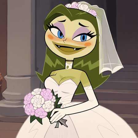 score_9, score_8_up, score_7_up, 1girl, Tammy, blue eyes, green skin, colored skin, green hair, long hair, fangs, medium breasts, narrow waist, wide hips, looking at viewer, wedding dress, bridal veil, bouquet, highres, high quality, masterpiece, <lora:Tammy:1>