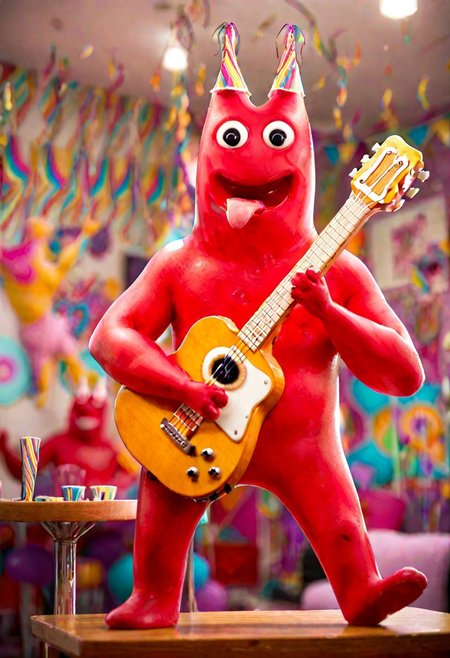 score_9, score_8_up, score_7_up, toony, banban, party hat, open mouth, guitar, playing instrument, holding guitar, sitting on table, one leg crossed, red skin, black eyes, tongue out, waving, colorful room