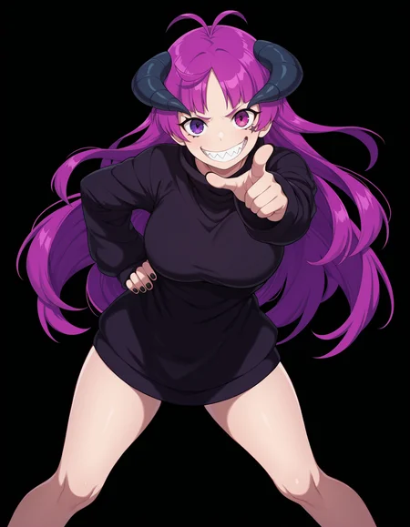1girl, solo, aged up, 
kishirik4, demon girl, purple hair, heterochromia, purple eye, pink eye, black nails, demon horns, sharp teeth, antenna hair, 
feet out of frame, standing, legs apart, pointing at viewer, 
(simple background, black  background:1.5)  <lora:kishirika v2:1>, masterpiece, best quality, amazing quality,