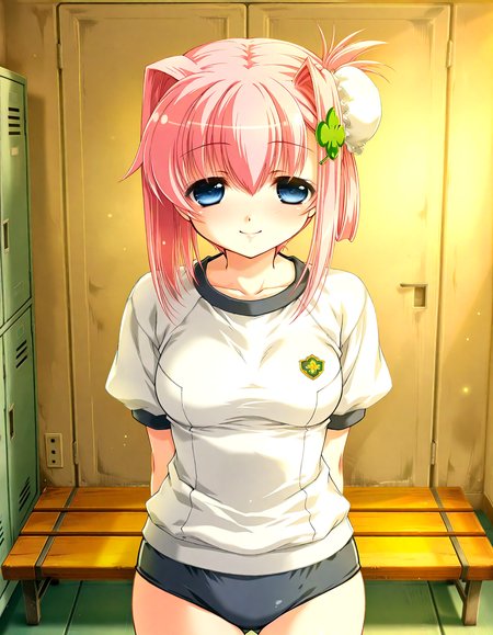(1girl, solo:1.3), (2girls, 3girls, 4girls, multiple girls, 2boys, 3boys, 4boys, multiple boys:-1.5) <lora:Ainame_Chisato_Hachukano_Illustrious:0.9>, Ainame Chisato, medium breasts, blue eyes, pink hair, short hair, bangs, hair intakes, hair between eyes, sidelocks, bun cover, single hair bun, hair bun, four-leaf clover hair ornament, clover hair ornament, hair ornament, gym shirt, black buruma, smile, (half-closed eyes:0.7), general, contrapposto, dynamic pose, arms behind back, upper body, straight-on, from above, , indoors, locker room, locker, wooden bench, (window:-2.0), <lora:NOOB_EPSv1_1_detailer_by_vlnvk_v1_0:1.5>, (photo background:0.7), evening, (tachibana yuu:0.6), inue shinsuke, (kazuma muramasa:0.0), saikawa yusa, (aoi manabu:0.6), abarerumidori, (suzui narumi:0.6), masterpiece, newest, absurdres, 8K, anime screenshot, anime coloring, flat color, official art, film grain, <lora:illustriousXLv01_stabilizer_v1.185c:0.7>, <lora:LECO_Solo:-4.0>,