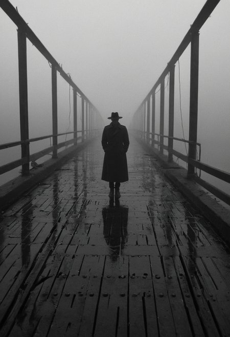 This is a black-and-white photograph featuring a solitary figure standing in the center of a misty, deserted bridge. The figure is dressed in a long, dark trench coat that extends to the ground, and a wide-brimmed hat that casts a shadow over the face, obscuring it. The person is wearing dark gloves and shoes, contributing to the overall mysterious and enigmatic atmosphere. The bridge, which is likely an old, metal structure, has multiple vertical cables and a series of evenly spaced lamps on either side, their lights casting a soft glow into the mist. The ground beneath the figure is wet and reflective, with puddles and a metal grate visible at the feet. The background is hazy, with the mist blending with the distant lights, creating a dreamlike, surreal effect. The texture of the photograph is smooth and grainy, enhancing the timeless, almost noir feel of the image. The overall composition and lighting suggest a dramatic, almost cinematic scene, evoking themes of mystery, suspense, and isolation., <lora:add-detail-xl:1.5>, ultra quality, ultra detailed