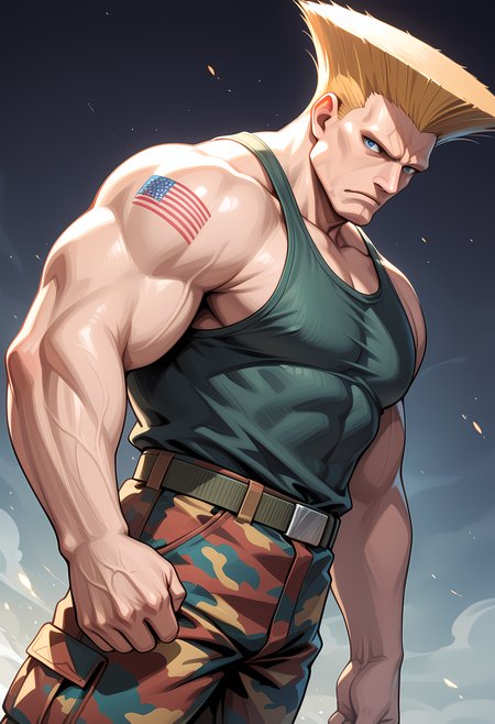 masterpiece, best quality, amazing quality, dutch angle, abstract background, BREAK
1boy, solo, male focus, sf_guile, blonde hair, blue eyes, muscular male, american flag tattoo, green tank top, camouflage pants, BREAK
<lora:cfg_scale_boost:.6> <lora:Guile_-_Street_Fighter_-_ILXL:1>