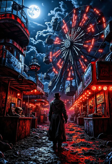 creepy abandoned carnival at dusk with twisted funhouse mirror reflections casting eerie silhouettes on rusting ticket booth and crumbling Ferris wheel a lone figure in top hat and coat stands frozen amidst a sea of abandoned ride booths and dusty games as a full moon casts an orange glow over the deserted midway. The image is animated, giving it a dynamic feel.