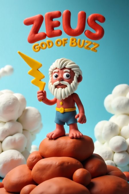on top the text "ZEUS, God of BUZZ" is shown prominently on two rows in a font made of clay. A whimsical scene unfolds on Mount Olympus: Zeus, crafted from vibrant clay, proudly holds a stylized lightning bolt. His majestic white beard flows gently in the misty air as he sits upon his cloudy throne. The terracotta-like landscape and wispy clouds create a textured backdrop for this endearing animation. made of clay