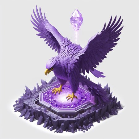 (((masterpiece))),(((best quality))),((ultra-detailed)),solo,isometric,
WAM_bd,solo,
A massive purple eagle, with a nest composed of amethysts below, surrounded by twinkling starlight,,
(white background, simple background:1.5),fantasy art,
 <lora:WAMå»ºç­æ¨¡å:0.8>
