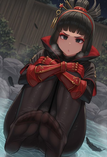 facominn,  outdoors, undershirt, falling feathers, black bodysuit, hair stick, hugging knees, knees to chest, gauntlets, eyeshadow, red gloves, two sides up, black capelet, red hairband, black eyes, 1girl, solo, feet, visible breath, dynamic angle, foreshortening, smell, steam, onsen, water