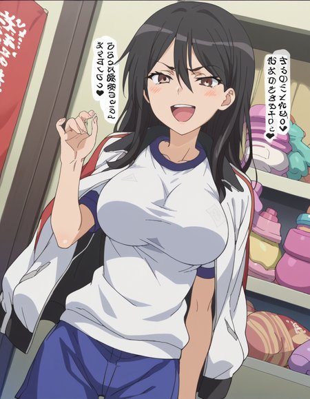 score_9, score_8_up, score_7_up, source_anime, <lora:seiri-fukiyose-indexs2-ponyxl-lora-nochekaiser:1>, seiri fukiyose, long hair, black hair, brown eyes, hair between eyes, anime screencap,, large breasts, shirt, jacket, shorts, gym uniform, blue shorts, track jacket, jacket on shoulders, gym shorts, sex shop, toys, privacy, items, unique, , <lora:pov-bullying-ponyxl-lora-nochekaiser:1> pov bullying, teasing, smug, bullying, laughing, open mouth, blush, hand up, cowboy shot,, looking at viewer, solo,, dutch angle, cowboy shot