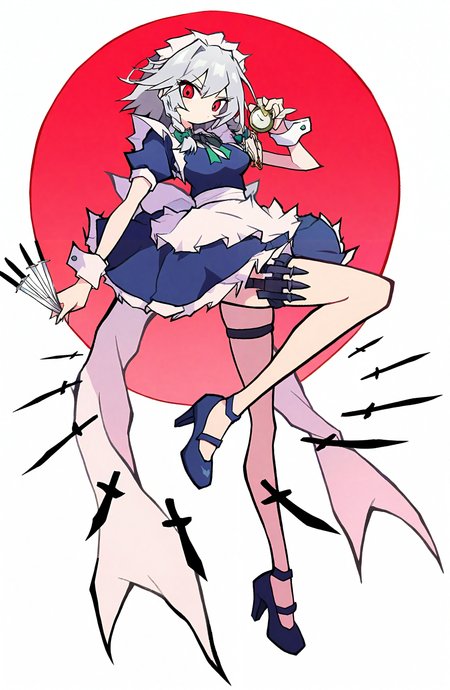 izayoi_sakuya, 1girl, solo, looking_at_viewer, short_hair, white_background, red_eyes, dress, holding, bow, full_body, grey_hair, braid, short_sleeves, puffy_sleeves, apron, high_heels, twin_braids, puffy_short_sleeves, wrist_cuffs, maid, maid_headdress, blue_dress, knife, white_apron, green_bow, watch, holding_knife, between_fingers, pocket_watch