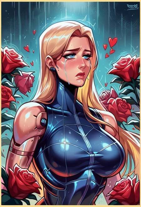 score_9, score_8_up, score_7_up, high quality,bright blue eyes,  1 women,  ((cyborg clothing)), (holding drooping roses,:1.4)  sad, geometric hearts broken in the background, raining background, cyborg women, large breasts,  long hair,   crying,  portrait view,  sad, disappointed,   , aesthetic, (Yellow border around image,:1.3)