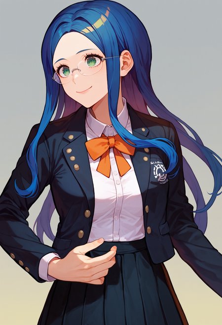 score_9_up score_8_up score_7_up, smile, simple background
BREAK
shirogane tsumugi default, 1girl, long hair, glasses, bangs, blue hair, green eyes, parted bangs, skirt, jacket, black jacket, pleated skirt, black skirt, collared shirt, dress shirt, long sleeves, ribbon, breasts, bow, neck ribbon, buttons, school uniform, orange ribbon, open clothes
<lora:danganranpa_v3_pony_d16:1>