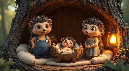A heartwarming scene featuring a family of anthropomorphic hedgehogs inside the cozy hollow of an old tree. The father hedgehog stands proudly on one side, wearing denim overalls with small golden buttons. He has big, sparkling eyes, soft, fluffy quills, and a gentle, protective expression. On the other side, the mother hedgehog stands gracefully, wearing a simple yet charming dress. Her round face has rosy cheeks, and her eyes are filled with warmth and love.

Between them, a tiny baby hedgehog lies comfortably in a wooden cradle, wrapped in a soft, cozy blanket. The baby has delicate quills, big curious eyes, and an innocent, sleepy expression. The warm glow of a lantern casts a golden light throughout the hollow, illuminating the wooden textures, tiny decorations, and soft bedding, creating a peaceful and loving atmosphere. The overall design is highly detailed, expressive, and perfect for animated storytelling.