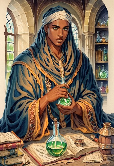 score_9, score_8_up, score_7_up, oblivionarts, solo, 1boy, alchemist, ((african male)), robes, turban, vial, potion, book, apothecary background, traditional art, medieval, <lora:Oblivion:.6>