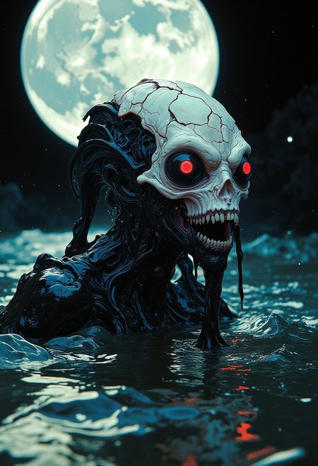 Off-center composition, right-aligned dynamic composition, an other wordly white alien like monstrous creature, erotic female, black glossy fractal skin leather texture, deap sea, slimey, teeths, black eyes, cinematic film still  . shallow depth of field, vignette, highly detailed, high budget, bokeh, cinemascope, moody, epic, gorgeous, film grain, grainy, cyberpunk style, (red glowing eyes), crazy eyes, weird creature, white sphere on the background