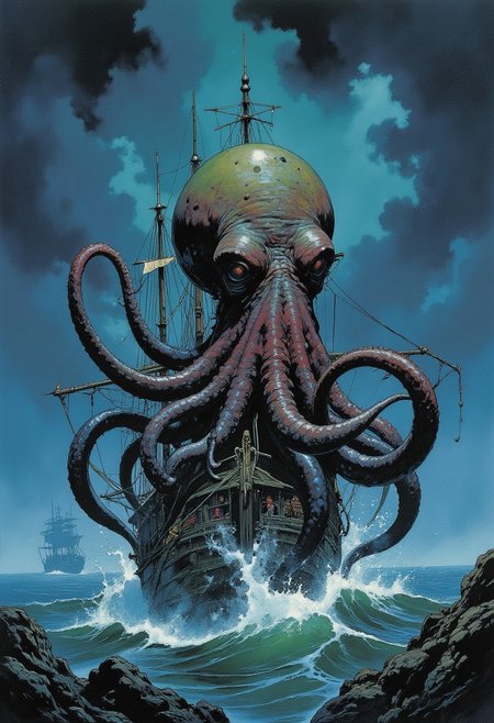 Comic book style 8k high quality digital painting , masterpiece, very detailed, ultra realistic, (best quality) very detailed epic masterpiece, a sailing ship on a stormy ocean is being attacked by a giant squid emerging from the water, tentacles winding around the ship, big waves, dramatic dark sky, action, scary, best quality, epic scene,  Dungeons and dragons atmosphere, heroic fantasy, fna_style, Comic book style