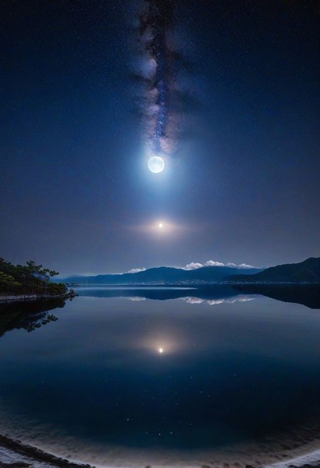 ocean, stars, moon, calm, birds, palm trees, beach, reflections, water tides, 8k, highest resolution, masterpiece, night, fireflies, villa, lights, cloud, cherry blossom, day, fantasy, fish, lake, landscape, high snowy mountain, no_humans, ocean, outdoors, river, scenery, sky, splashing, water, watercraft, waterfall, waves, ultra realistic, photorealistic, sea, ocean, (reflection), (ray tracking), (unreal engine), (Japanese), top view, high elevation, (water reflection), (clear water), photorealistic, 8k, unreal engine, super great 3d render, 3d, 3d ray tracking, liquid, super high quality, (super close look at water), Milky Way, Night sky, Painstaking Attention To Details