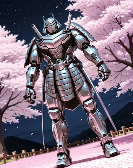 <lora:Silver_Samurai_(Marvel_Comics)_(Illustrious)_(AD):1> Silver Samurai, robot, armor, 
((
exterior, traditional Japanese noble's estate home, cherry blossoms, night sky, 
dutch angle, dynamic action, male focus, solo, fully armored, villain, hyper glossy body, powerful, superiority,  
)),
BREAK: very awe, aesthetically pleasing, masterpiece, best quality, amazing quality, very aesthetic, depth of field, absurd details, depth of field, atmospheric rendering, natural shading, soft shading, 
BREAK: lazympos, lazypos (3),