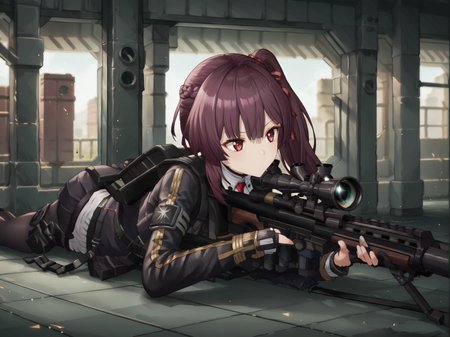 score_7_up, score_6_up, score_5_up, source_anime,
<lora:makiatto.pony:1>, makiatto, side ponytail,
<lora:Sniper_Laying_on_floor_pose-pony:0.8>, Laying on floor, on stomach, Sniper, scope, Aiming, rifle,