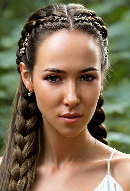 fantasy art by luis royo, Slightly pointed facial features, perfect figure with (((clear relief of muscles))), (((long brown hair))) Her hair was braided and her clothes were comfortable but revealing. the girl was of medium height, a typical mountain elf, (((full-length portrait)))