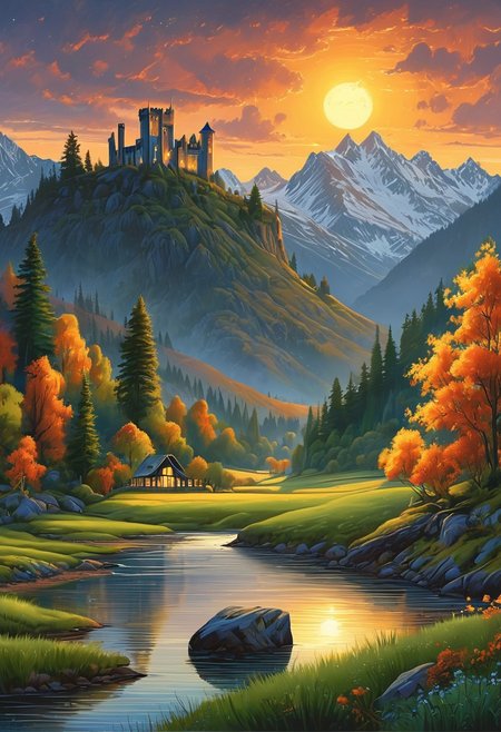 A captivating night scene illustration featuring a beautiful scene of the great out doors in the pacific northwest..   There are great mountains, pine forests, and rivers.  It is an outdoorsman's dream.  This enchanting artwork captures a serene and peaceful night, where the sun is just starting to rise over the beautiful hills and castle which   stands resolute amidst hills of Wales, creating a cinematic experience., illustration, cinematic
<lora:DonM3t3rn1tyXL-v1.1:0.7>, DonM3t3rn1tyXL,
OverallDetailXL  <lora:MJ52:0.3>  <lora:SDXLFaeTastic2400:0.4>  <lora:EpicF4nta5yXL:0.7>