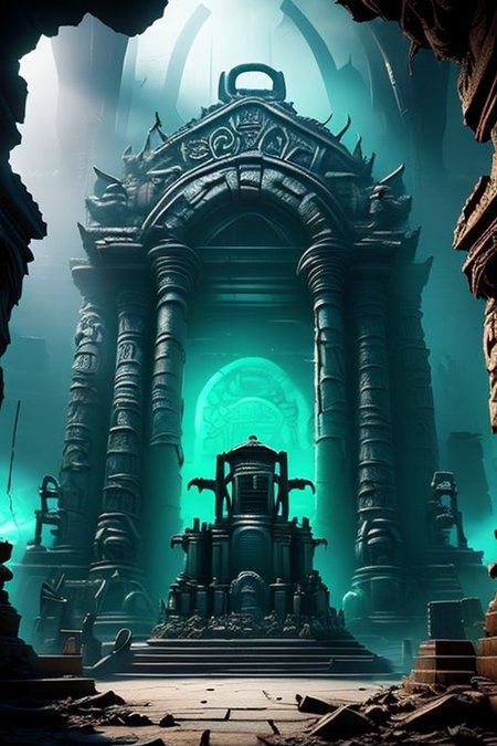 A sinister and exotic digital painting, (HDR, Unreal Engine:1.4),The Lost Shrine of the Ape God, a central jeweled stone idol, evil hideous idol, ancient and crumbling pillars, very dark, eldritch braziers, ancient stone steps, (grotesque carvings:1.3), high dome, shaft of sunlight, old and dreadful, bones, age haunted, (terrifying:1.2), magnificent, decadent, degenerate, (perfect composition, maximalist and detailed:1.2), (masterpiece:1.4), (high quality:1.3), subsurface scattering, volumetric lighting, heavy shadows, Temple, evilrealm