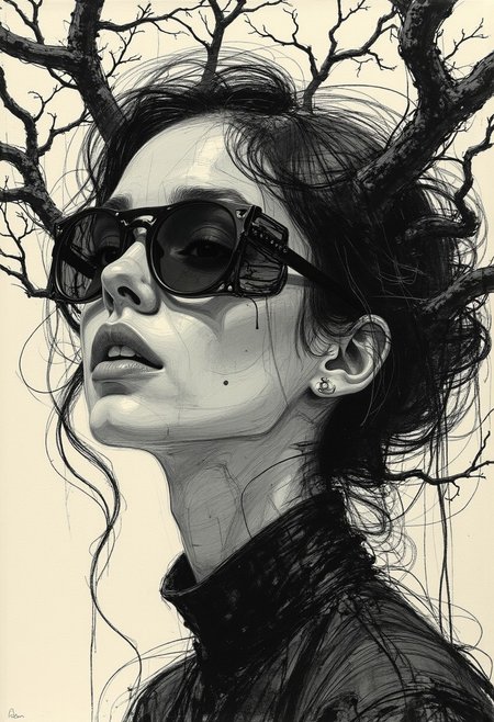 A highly detailed charcoal artwork depicting a close-up of a woman's face with an ethereal, ghostly quality. Her expression is both serene and enigmatic, with delicate yet intense shading that enhances the depth of her features. Her pale skin is rendered with soft, smooth strokes, while her lips, shaded in deep, velvety black, contrast starkly against the lighter tones. Her dark, wavy hair merges seamlessly with swirling, smoky charcoal strokes, creating a haunting, spectral effect. Wisps of shadowy vapor entwine with her hair, dissolving into the surrounding darkness. A black mask or veil obscures her eyes, adding an air of mystery.  
The background features a high-contrast black-and-white depiction of intricate, almost abstract tree branches stretching out in all directions against a softly graded sky. Taken from a low angle, the branches fill the entire space, forming a chaotic, web-like pattern. Their rough, gnarled texture contrasts with the smooth rendering of the woman's face, enhancing the eerie, surreal quality of the artwork. The branches, devoid of leaves, twist and bend, emphasizing a sense of time and nature’s complexity. A thin black border frames the image, reinforcing the stark contrast and dreamlike atmosphere. vantablack