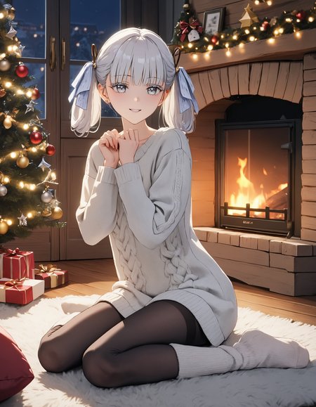 masterpiece, best quality, 8K, very aesthetic, UHD, volumetric lighting, natural lighting, highly detailed, intricate details, 1girl, casual outfit, home clothes, white oversized wool sweater, tights, wool socks, twintails, white eyelashes, white hair, white eyes, cute smile, lifelike female body, perfect female body shape, narrow waist, sitting on a rug, leaning forward, dim light, christmas decorations, fireplace, night, cozy wooden house, <lora:Jinhsi_V1.11:0.7>