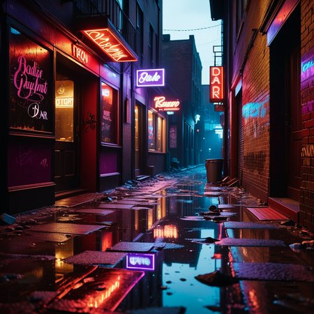 A dark and grimy alleyway behind a dance bar at night, illuminated by dim, flickering neon lights in shades of red and purple. The alley is narrow and lined with aged, graffiti-covered brick walls. Scattered trash and puddles reflecting the dim light create a gritty atmosphere. The scene feels damp and unwelcoming, with faint traces of smoke and steam rising from a nearby vent. Broken glass and discarded items litter the uneven ground. The distant hum of a neon sign and faint sounds of music leaking from the bar add to the urban, moody ambiance of the night.
<lora:SDXLFaeTastic2400:0.4> <lora:extremely_detailed:0.4> extremely detailed, Masterpiece,best quality,hi res,8k,hi res,8k,award winning,(sharp focus, intricate, highly detailed),