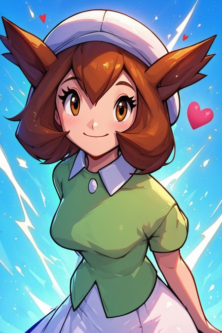 score_9, score_8_up, score_8, medium breasts, (curvy), cute, eyelashes,       BREAK, , zzBianca, brown hair, brown eyes, medium hair, hair between eyes, short sleeves, green shirt, collared shirt, white hat, skirt, white skirt, <lora:Bianca_PokemonHeroes_PDXL_v2:0.7>,, BREAK, embedding:zPDXL, Expressiveh, <lora:EnergyCAT:1.0>, solo, smile, looking at viewer, aura, blue sky, <lora:SDXLFaeTastic2400:0.5>, <lora:Expressive_H-000001:0.4>,